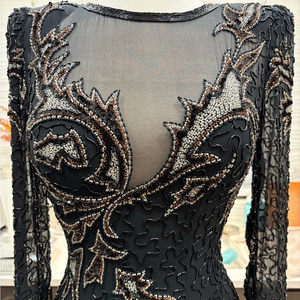 Black Beaded Asymmetrical Evening Dress